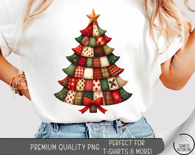 Patchwork Christmas Tree T-shirt PNG, Xmas Sublimation Design, Festive DTF Shirt Graphic, Holiday TShirt File, A725