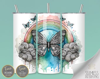 Butterfly and Rainbow Zentangle 20 Oz Skinny Sublimation Tumbler Design, Watercolor Zentangle PNG, Seamless Rainbow Design Instant Download