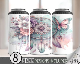 Boho Dreamcatcher Butterfly Floral 4in1 Can Cooler Wrap, Floral 4 in 1 Tumbler PNG, Seamless Ethereal 16 Oz Can Cooler Sublimation Design