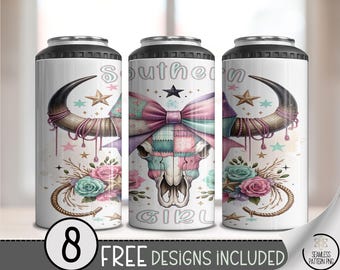 Southern Girl 4in1 Can Cooler Wrap, Pastel Skull Sublimation Design, Pastel Western Boho 16oz Can Wrap File, Longhorn with Plaid Bow, A512