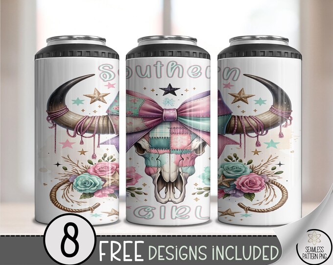 Southern Girl 4in1 Can Cooler Wrap, Pastel Skull Sublimation Design, Pastel Western Boho 16oz Can Wrap File, Longhorn with Plaid Bow, A512