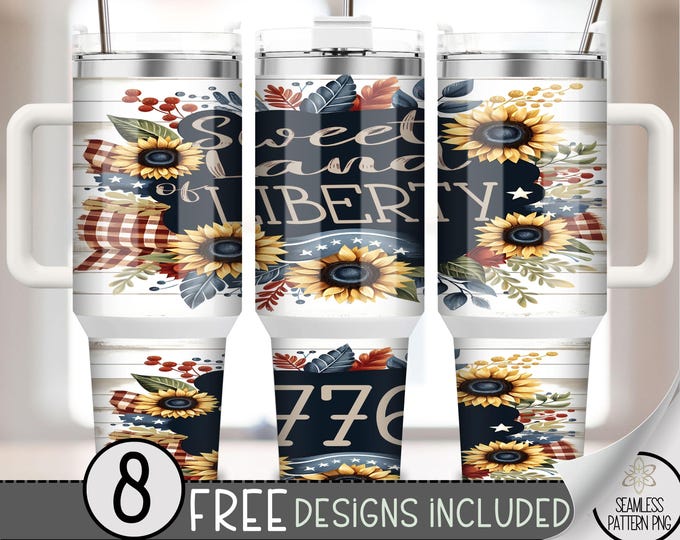 Sweet Land of Liberty 40 oz Tumbler Wrap PNG, Sunflower Buffalo Plaid Patriotic Sublimation Wrap, Rustic Americana Cup PNG for Summer, A242