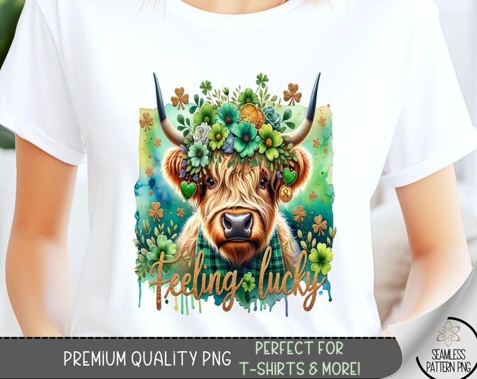 St Patrick Highland Cow T-Shirt Design, Patty's Day t-shirt PNG, Irish Tshirt Design, Feeling Lucky Shirt Design, Shamrock Sublimation, A61