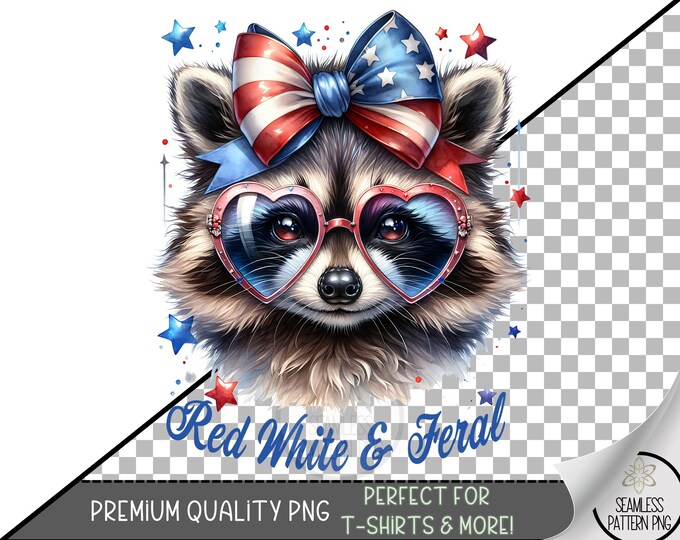 Red White & Feral Patriotic Raccoon PNG, Cute Glasses and Flag Bow USA Animal Clipart for Sublimation, July 4 Funny Wild Summer File A296