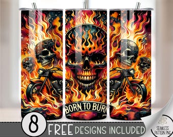 Motorcycle Tumbler Wrap, Biker Seamless Motorcycle Wrap Tumbler, 20oz Flaming Skull Tumbler Wrap,Motorcycle Sublimation Tumbler,Born to burn