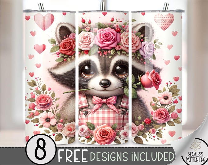 Valentine Raccoon Tumbler Wrap, Vday Sublimation Tumbler Wrap, Love 20Oz Sublimation Wrap, Valentines Day Sublimation Tumbler Design PNG