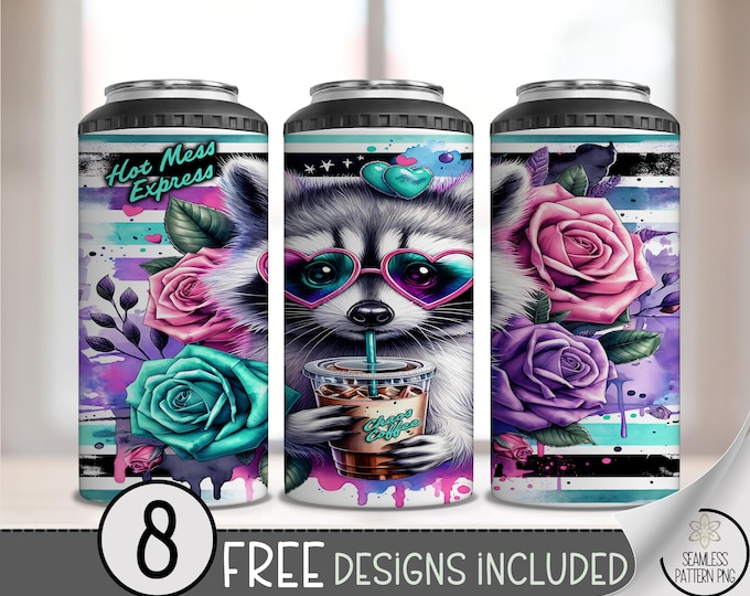 Hot Mess Raccoon Can Cooler Wrap, Sassy Sarcastic Raccoon Saying 16 oz 4-in-1 Cooler Sublimation,Trendy Coffee 16Oz Tumbler Design File A198