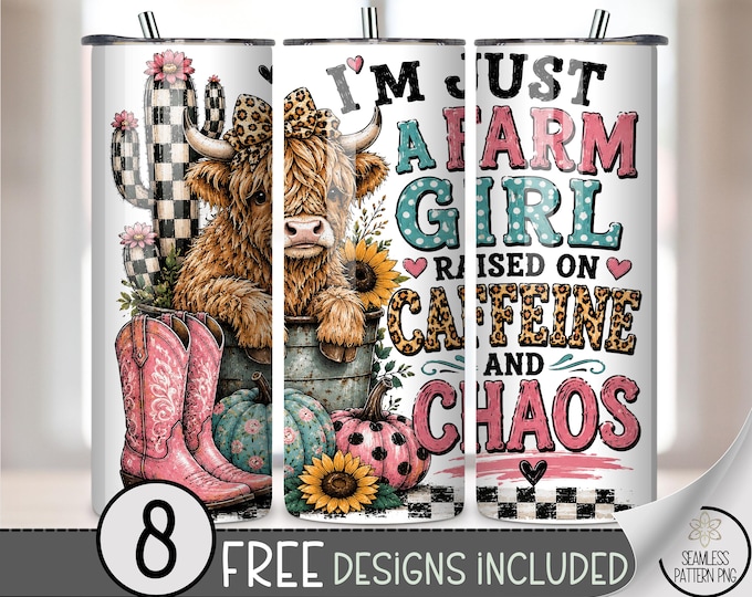 Farm Girl Highland Cow 20 oz Tumbler Wrap, Retro Sublimation Design for Straight Tumblers, Colorful PNG Files, Digital Download, B10345
