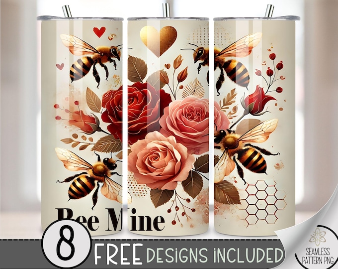 Bee Mine Tumbler Wrap, Bumblbee Hearts Valentines Day 20oz Skinny Tumbler Sublimation Design, Bees Digital Download PNG