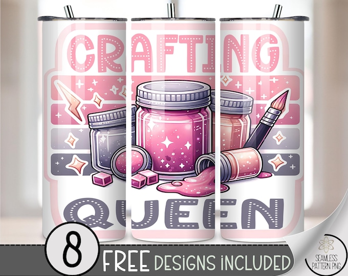 Crafting Queen 4-in-1 Can Cooler Wrap PNG, Cute Pink Glitter Craft Jar and Brush Sublimation, For DIY Crafters & Craft Fair Gifts, A337