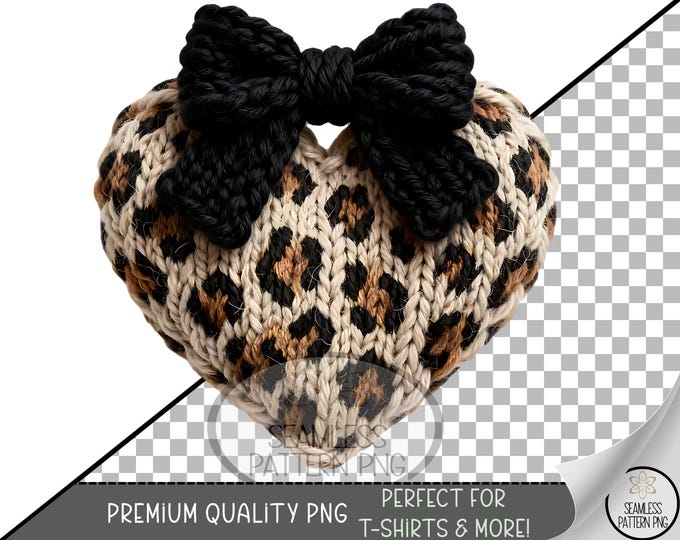 Faux Knitted Heart Sublimation Design, Leopard Faux Yarn UV DTF Graphic, Heart Clip Art, Coquette Bow Downloadable PNG A810