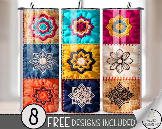 Patchwork Mandala 20 Oz Tumbler Wrap, Colorful Boho Chic Design 20ozTumblers, Faux Patchwork PNG File, B857