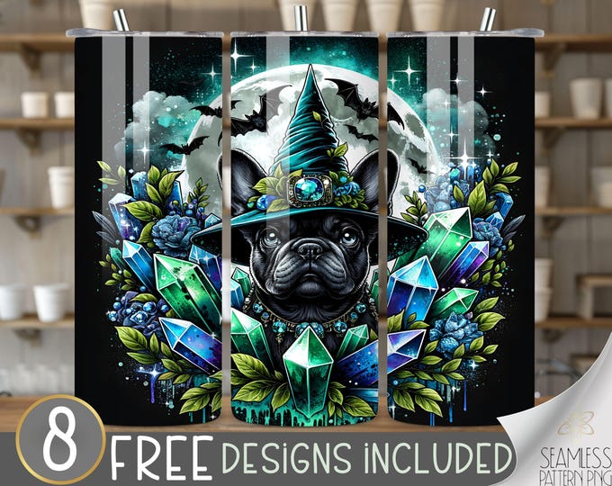 Halloween French Bull Dog 20 oz Tumbler Wrap, Dog 20oz Skinny Tumbler Design,Whimsical Jeweled Frenchie & Crystal Halloween Instant Download