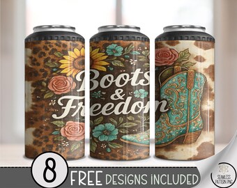 Boots & Freedom 4in1 Can Cooler Wrap, Cowboy Boot Sublimation Design, Rustic Western Country Farmhouse 16 oz 4-in-1 File B10064