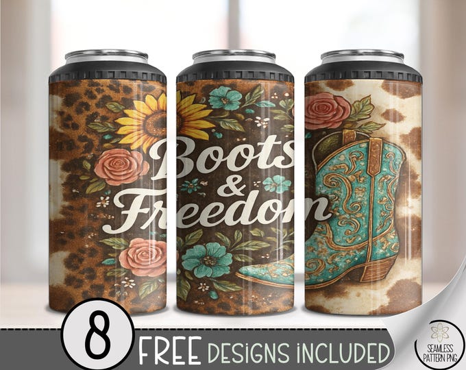 Boots & Freedom 4in1 Can Cooler Wrap, Cowboy Boot Sublimation Design, Rustic Western Country Farmhouse 16 oz 4-in-1 File B10064