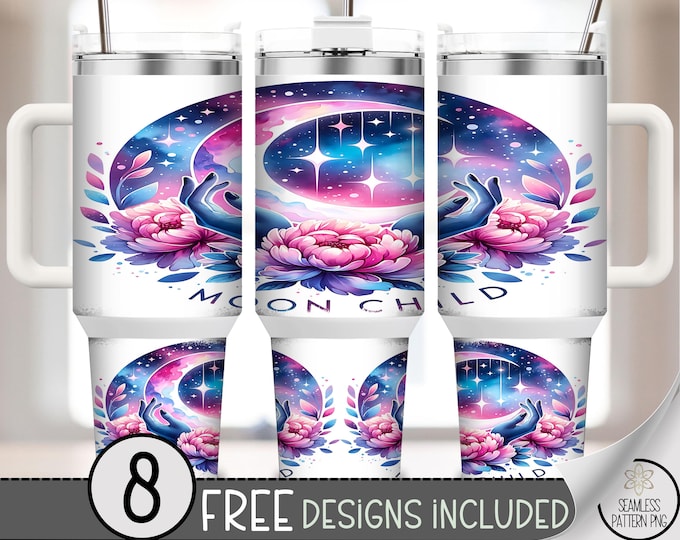 40oz Tumbler Wrap Moon Child, Celestial Galaxy Moon PNG, Mystical Floral Sublimation, Boho Spiritual Cosmic Design, A397