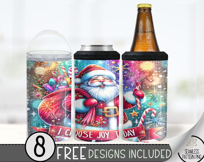 Seamless Christmas Can Cooler Wrap, Winter 16 oz 4-in-1 Cooler Sublimation, Santa 16Oz Tumbler File, Holiday Affirmation Design File PNG