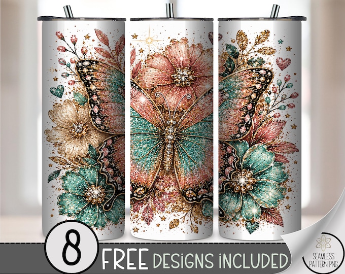 Butterfly Floral 20 oz Tumbler Wrap, Sparkly Sublimation Design for Straight Tumblers, Glitter PNG Files, Digital Download, B10470