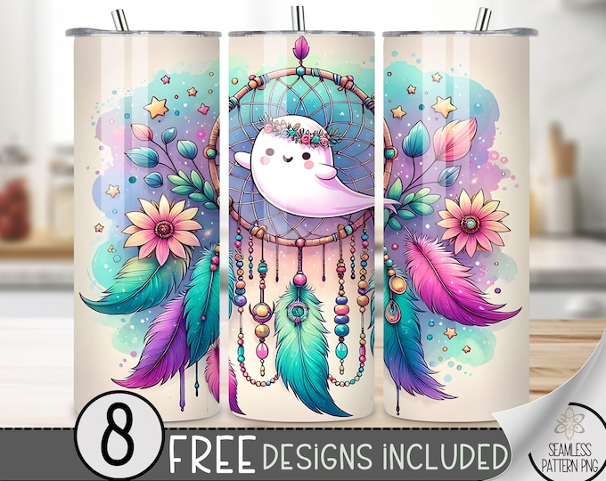 Boho Dreamcatcher Ghost Floral Tumbler Wrap, Floral Boho Sublimation Design PNG, Ethereal 20Oz Skinny Tumbler File, Hippie Ghost Tumbler PNG