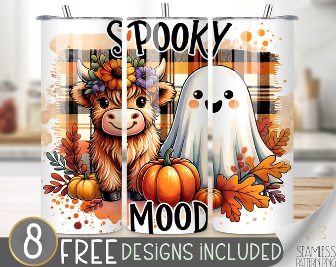 Cute Ghost & Highland Cow Tumbler Wrap, Spooky Tumbler Wrap, Halloween Sublimation Design, Autumn Plaid 20Oz Tumbler File, Ghost Sublimation