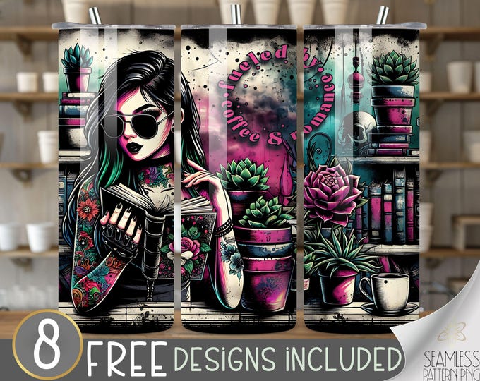 Books, Plants & Coffee Lover, Crazy Plant Life Seamless Librarian Tumbler Wrap 20 oz Skinny Tumbler Sublimation Digital PNG Design Book Girl