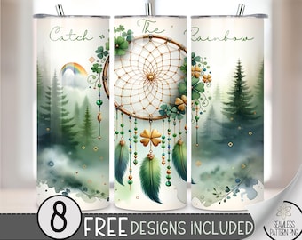 St. Patrick's Tumbler Wrap, Shamrock Dreamcatcher Sublimation Design PNG, Feather 20Oz Skinny Tumbler File, St Patty Boho Floral Tumbler A78