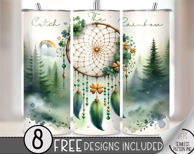St. Patrick's Tumbler Wrap, Shamrock Dreamcatcher Sublimation Design PNG, Feather 20Oz Skinny Tumbler File, St Patty Boho Floral Tumbler A78
