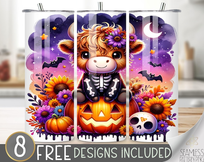 Halloween Highland Cow Tumbler Wrap, Cute Skeleton 20oz Straight Sublimation Design, Jack O Lantern 20 Oz Skinny Tumbler Sublimation Design