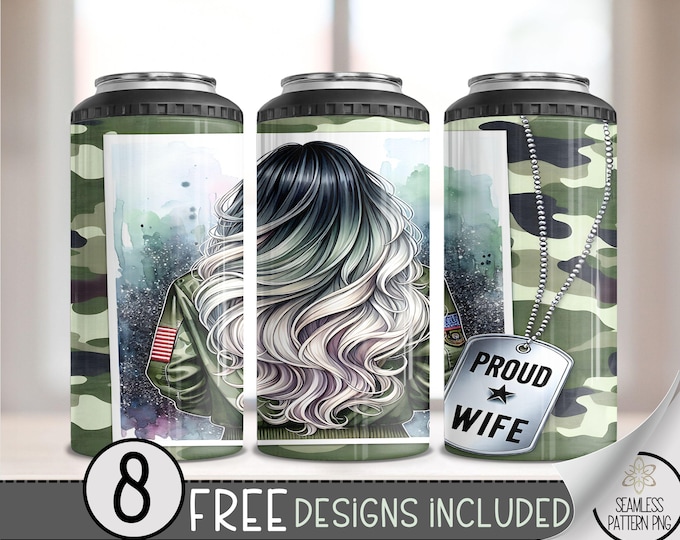 Military Wife 4 in 1 Can Cooler Wrap, Dog Tag 4in1 Tumbler PNG, Proud Patriotic Wife 16 Oz Can Cooler Sublimation Design, US American Flag