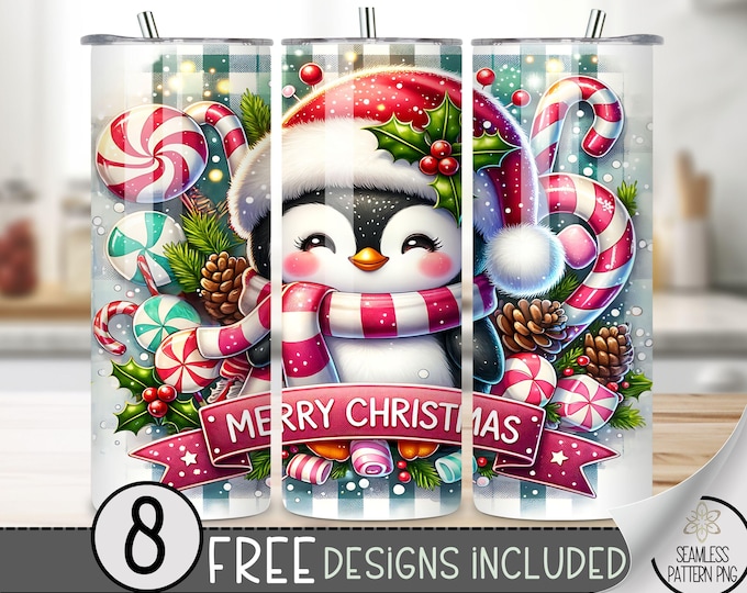 Christmas Penguin Tumbler Wrap PNG, 20 Oz Straight Penguin Sublimation Design, Merry Christmas Holiday Tumbler File, Xmas Candy Tumbler Png