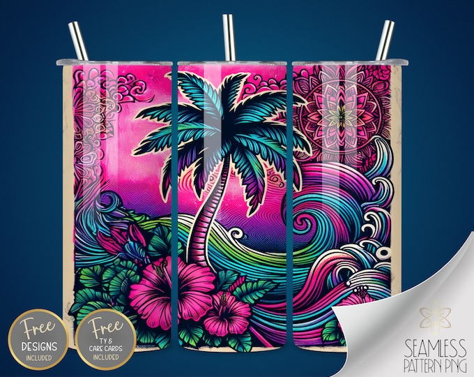 Palm Tree Tumbler Wrap, Tropical Sublimation Design, Hibiscus Mandala Tumbler Wrap, Tie Dye Wrap, 20oz Straight Tumbler, Instant download