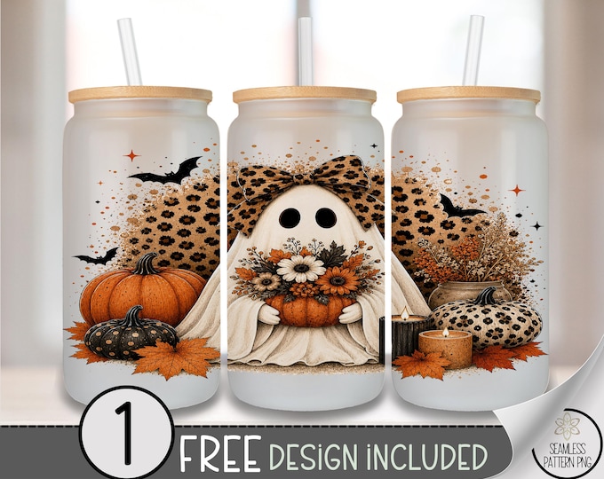 Fall Ghost Glass Can Wrap, Leopard Pumpkin 16oz Sublimation Design, Autumn PNG File, Digital Download, B10520