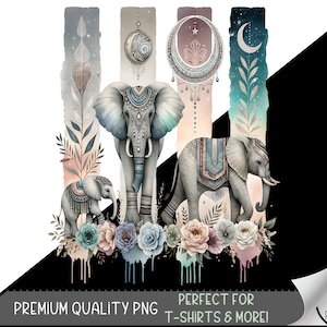 May include: Watercolor illustration featuring two elephants and a baby elephant, adorned with ornate, decorative patterns. The elephants are set against a backdrop of vertical panels with floral and celestial elements. The image includes the text "Premium Quality PNG" and "Perfect for T-shirts & More!"