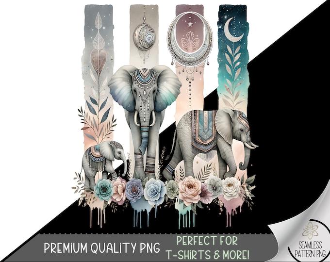Elephant T-shirt Design, Magical Pastel Elephant tshirt Design, Boho Tshirt PNG,Floral Moon PNG Design,Jungle Animal Sublimation Design, A53