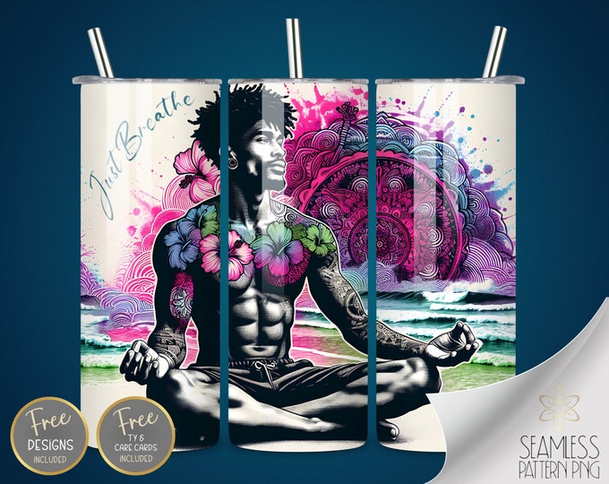 Black Man Tumbler, Black Guy Sublimation Files, Hibiscus Mandala Tumbler, Meditation Wrap, 20oz Straight Tumbler Wrap, Just Breathe PNG