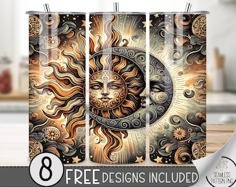 Envoltura para vaso Sol y Luna, diseño de sublimación para vaso delgado Sol y Luna Boho de 20 oz, envoltura celestial PNG, archivo PNG descarga instantánea