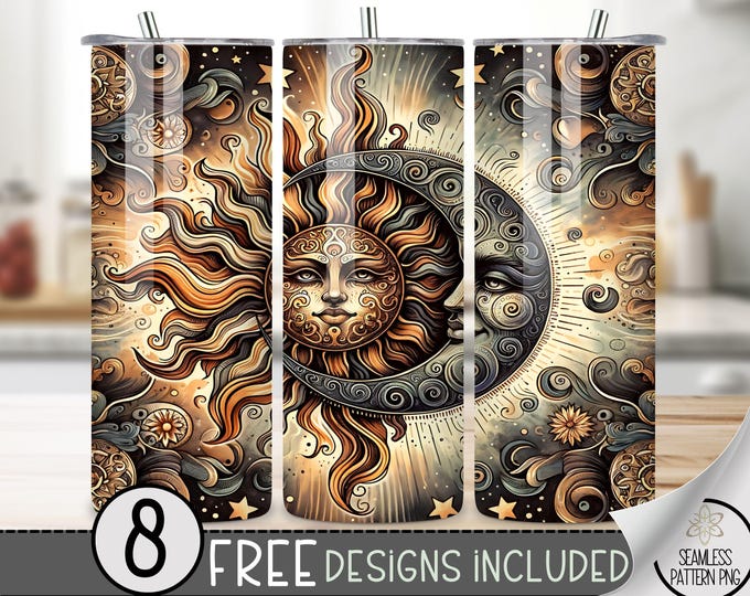 Sun And Moon Tumbler Wrap, Sun And Moon Boho 20 Oz Skinny Tumbler Sublimation Design, Celestial Png Tumbler Wrap, Png File Instant Download