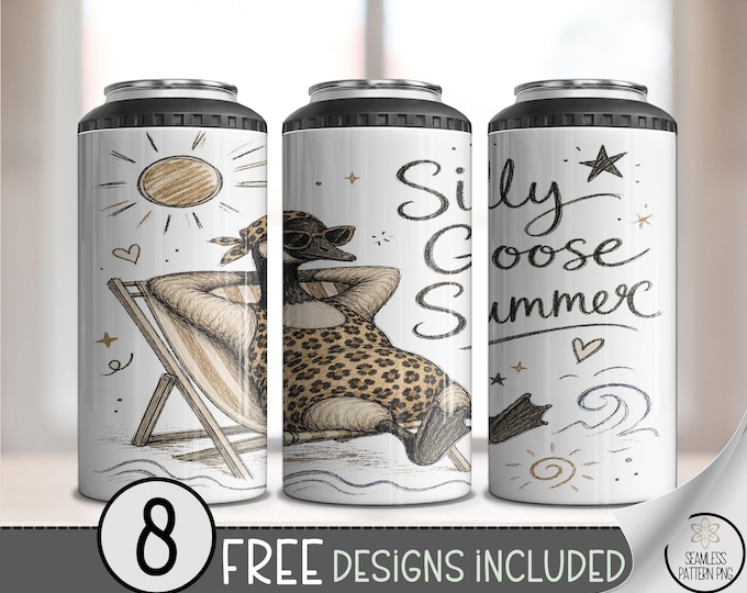 Silly Goose Summer PNG, Funny Goose Beach 4in1 Can Cooler Wrap, Doodle PNG Sublimation Design, Retro 16 oz 4-in-1 File, B10223