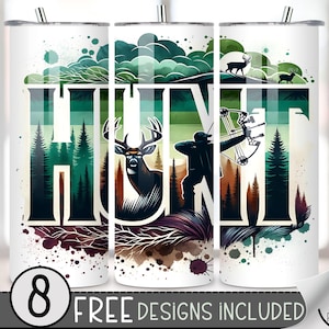 May include: A set of three white tumblers with a colorful design featuring a hunter with a bow and arrow, a deer, and trees. The design includes the word "HUNT" in large letters. The tumblers are perfect for outdoor enthusiasts.