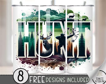 Deer Hunting Tumbler Wrap, Hunting 20oz Skinny Tumbler Sublimation Design, Buck Tumbler Wrap File, Mountain Range PNG, Seamless Compound Bow