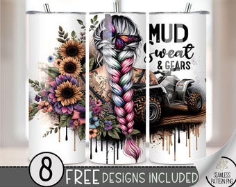 May include: Set of three 20 oz stainless steel tumblers with different designs. One tumbler features a woman with long braided hair and floral designs. Another tumbler features a woman with long braided hair and a butterfly. The third tumbler features a four-wheeler with the text "MUD sweat & GEARS".