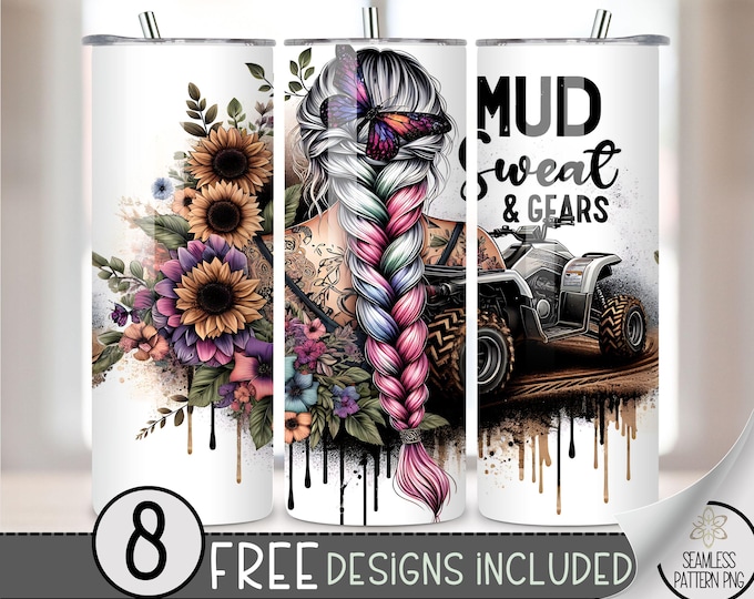 Side by Side Tumbler Wrap PNG, ATV 20 Oz Skinny Sublimation Tumbler png, Girl Off Road Tumbler PNG Design,Mud & Gears Tumbler Wrap File A133