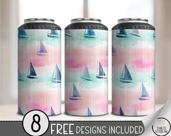 Sailboat 4-in-1 Can Cooler Wrap PNG, 16 oz Pastel Nautical Drink Wrap, Watercolor Beach Tumbler Sublimation, Summer Ocean PNG, A315