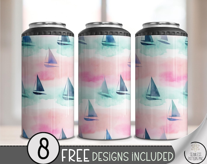 Sailboat 4-in-1 Can Cooler Wrap PNG, 16 oz Pastel Nautical Drink Wrap, Watercolor Beach Tumbler Sublimation, Summer Ocean PNG, A315