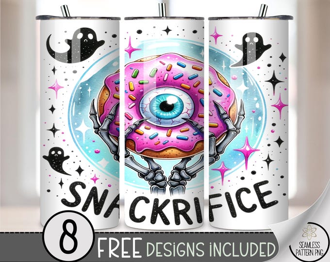 20oz Tumbler Wrap Snackrifice, Donut Monster Eye PNG, Funny Halloween Ghost Sublimation, Pastel Goth Skinny Wrap for Spooky Season, A381