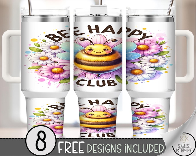 Cute Bee Happy Club 40 oz Tumbler Wrap, Flower 40oz Sublimation Design, Positive Affirmation Tumbler Wrap PNG, A457