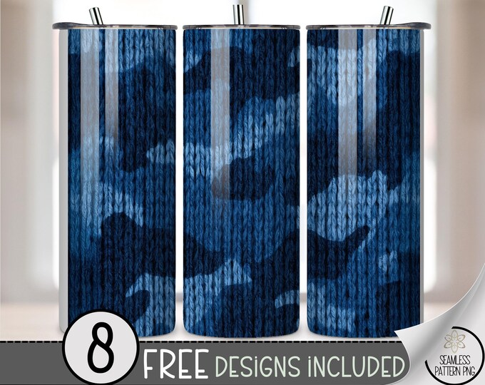 Faux Knitted Camo 20 oz tumbler wrap: Faux Yarn Digital Download Sublimation Design for Skinny Tumblers, Military Tumbler Art PNG File, A748