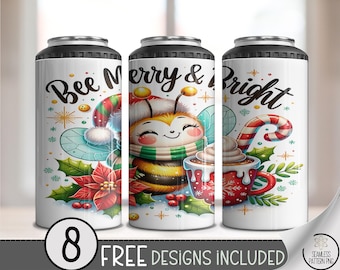 Festive Bee 4in1 Can Cooler Wrap, Merry Winter Holiday Sublimation Design, Printable Poinsettias, Christmas Art, Candy Cane Design A479