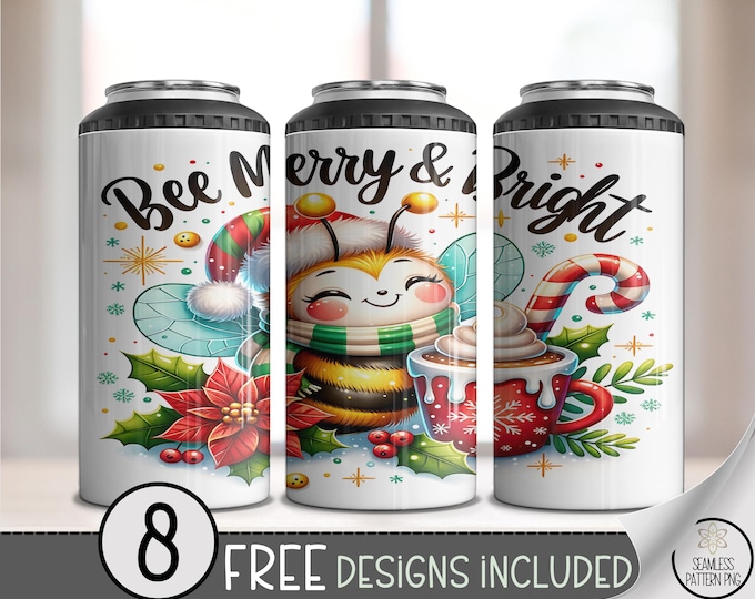 Festive Bee 4in1 Can Cooler Wrap, Merry Winter Holiday Sublimation Design, Printable Poinsettias, Christmas Art, Candy Cane Design A479