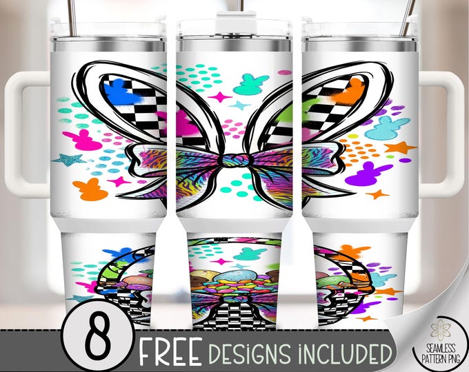 Easter Butterfly PNG, 40 Oz Tumbler Wrap, Checkered Bunny Ears Sublimation Design, Digital Download, B892